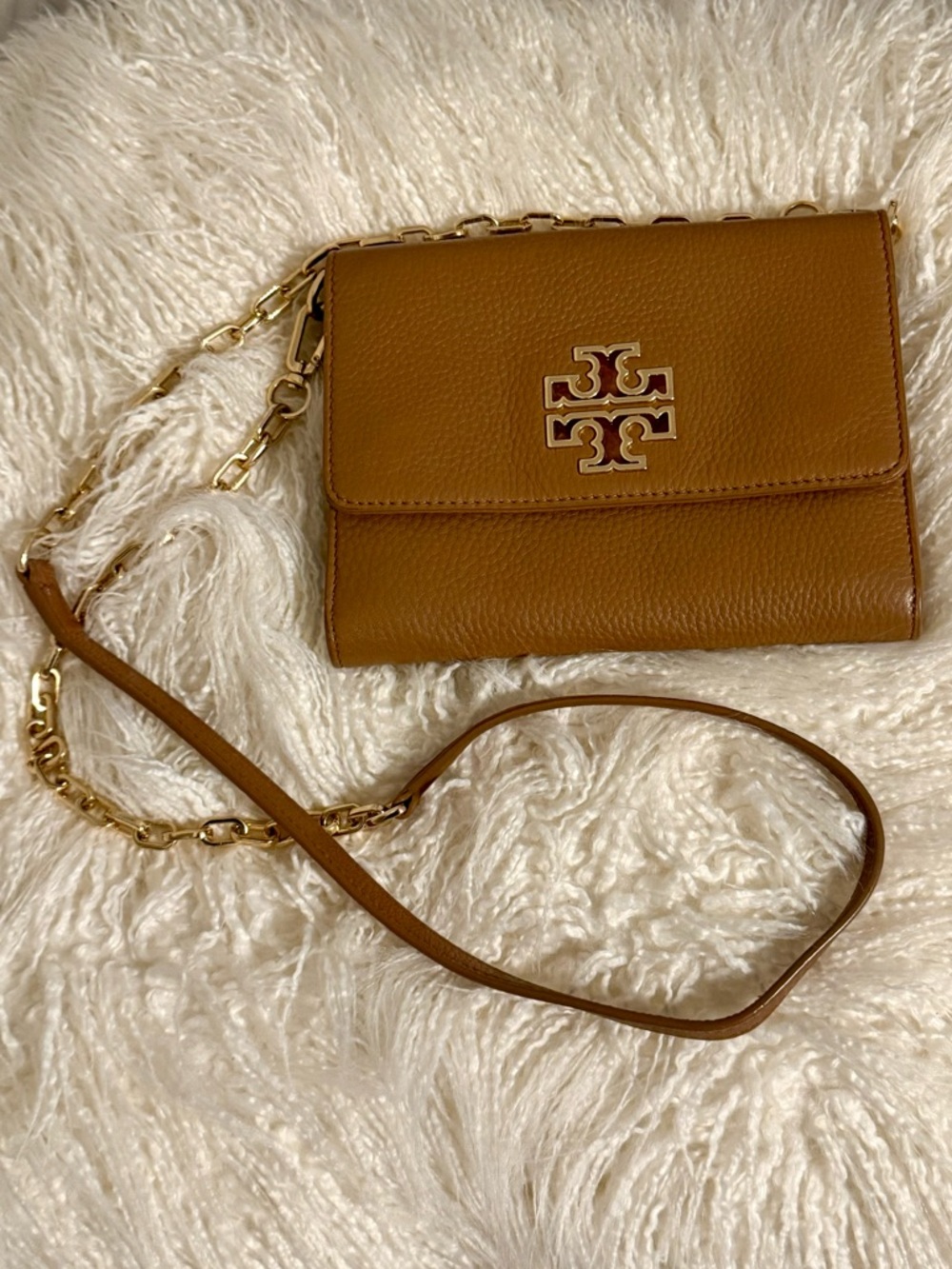 Tory Burch Britten Leather Wallet Crossbody on Chain Gold Hardware Cognac